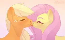 Size: 1024x631 | Tagged: safe, artist:pitenpon, derpibooru import, applejack, fluttershy, appleshy, blushing, eyes closed, female, freckles, hatless, lesbian, licking, mare, missing accessory, shipping, smiling, tongue out