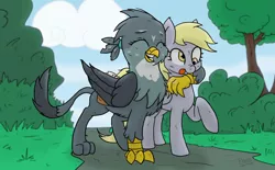 Size: 3235x2000 | Tagged: safe, artist:corsairsedge, derpibooru import, derpy hooves, gabby, gryphon, pegasus, pony, cute, derpabetes, female, friendshipping, gabbybetes, grin, hug, mail, mailmare, mare, raised hoof, saddle bag, smiling, tongue out