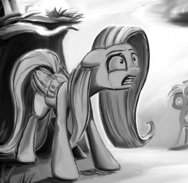 Size: 860x840 | Tagged: safe, artist:ponsce, derpibooru import, fluttershy, crying, floppy ears, folded wings, grayscale, looking at something, monochrome, open mouth, scared, standing