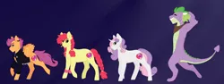 Size: 4800x1800 | Tagged: apple bloom, artist:silcybell, ask cutie mark teenagers, clothes, cutie mark, cutie mark crusaders, derpibooru import, dragon, leather jacket, older, older spike, piercing, safe, scootaloo, spike, sweetie belle, teenaged dragon, teenager, the cmc's cutie marks