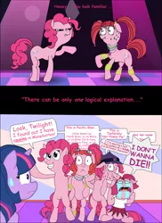 Size: 1228x1688 | Tagged: safe, artist:ultrathehedgetoaster, derpibooru import, pacific glow, pinkie pie, twilight sparkle, earth pony, pony, the clone that got away, the saddle row review, too many pinkie pies, bipedal, blatant lies, clone, comic, crying, diane, female, mare, paper-thin disguise, pinkie clone, sweatdrop