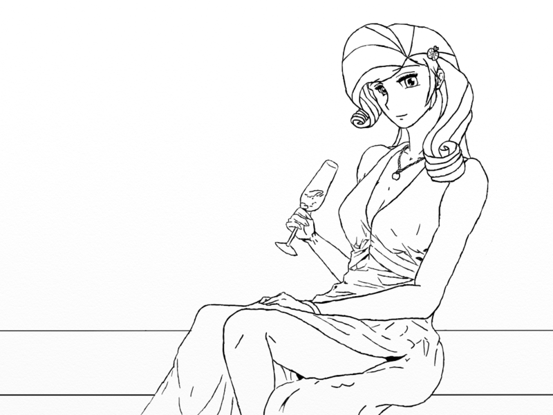 Size: 1024x768 | Tagged: alcohol, artist:eulicious, champagne, clothes, derpibooru import, dress, hairpin, human, humanized, jewelry, looking at you, monochrome, rarity, safe, sketch, solo