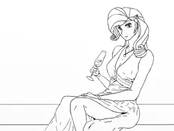 Size: 1024x768 | Tagged: alcohol, artist:eulicious, champagne, clothes, derpibooru import, dress, hairpin, human, humanized, jewelry, looking at you, monochrome, rarity, safe, sketch, solo