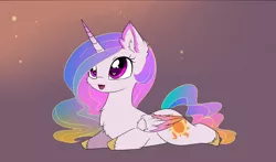Size: 1280x752 | Tagged: safe, artist:magnaluna, derpibooru import, princess celestia, alicorn, pony, chest fluff, chibi, colored wings, colored wingtips, cute, cutelestia, ear fluff, female, fluffy, heart eyes, looking up, open mouth, prone, smiling, solo, sploot, wingding eyes