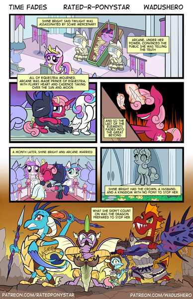 Size: 1280x1978 | Tagged: artist:wadusher0, comic, comic:time fades, crying, derpibooru import, dragon, funeral, garble, mortality blues, oc, oc:arcane, oc:shine bright, princess cadance, princess ember, princess flurry heart, safe, spike