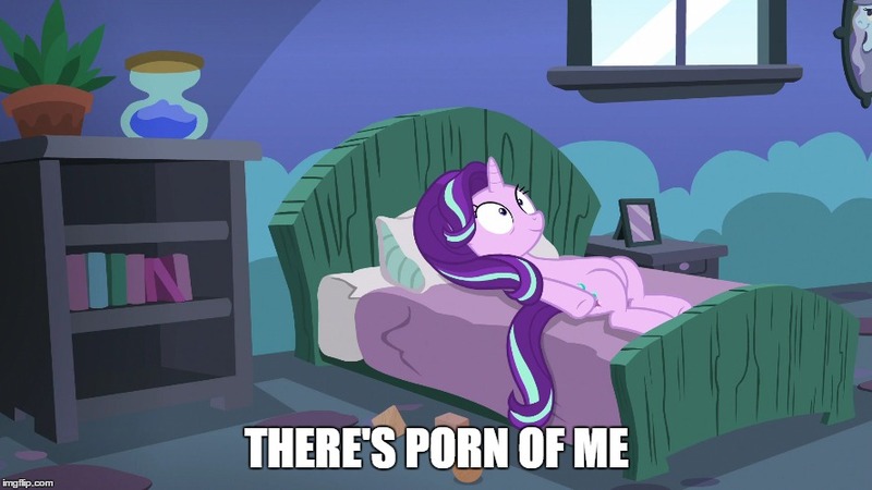 Size: 888x499 | Tagged: safe, derpibooru import, edit, edited screencap, screencap, starlight glimmer, pony, unicorn, every little thing she does, bed, female, image macro, mare, meme, meta, on back, pillow, porn, realization, solo, starlight bedridden