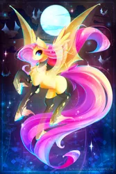 Size: 1847x2760 | Tagged: safe, artist:koveliana, derpibooru import, fluttershy, bat pony, pony, chromatic aberration, clothes, cloud, color porn, flutterbat, flying, full moon, gem, jewelry, looking at you, night sky, pendant, raised hoof, smiling, solo, stockings, torn clothes, unshorn fetlocks
