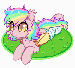 Size: 1000x900 | Tagged: safe, derpibooru import, oc, oc:paper stars, unofficial characters only, bat pony, pony, amputee, animated, bandage, bat wings, colored, cute, ear fluff, fluffy, gif, grass, hoofy-kicks, looking at you, paperbetes, prone, smiling, solo, sparkles, underhoof
