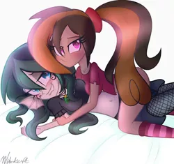 Size: 900x847 | Tagged: suggestive, artist:wubcakeva, derpibooru import, oc, oc:cupcake slash, oc:kaloria jade, unofficial characters only, equestria girls, belly button, blushing, clothes, equestria girls-ified, female, lesbian, socks, striped socks