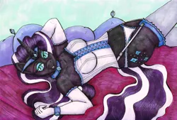 Size: 1280x866 | Tagged: anthro, artist:fishiewishes, bed, bedroom eyes, belly button, breasts, busty nightmare rarity, clothes, collar, corset, crown, derpibooru import, female, garters, gloves, jewelry, lingerie, looking at you, markers, nightmare rarity, panties, rarity, regalia, solo, solo female, stockings, suggestive, traditional art, underwear
