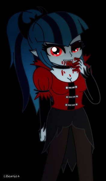 Size: 1154x1961 | Tagged: semi-grimdark, artist:cbear624, derpibooru import, sonata dusk, vampire, equestria girls, rainbow rocks, blood, breasts, busty sonata dusk, cleavage, fangs, female, halloween, looking at you, ponytail, red eyes, solo, tongue out