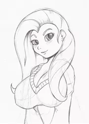 Size: 1241x1722 | Tagged: artist:suirano, big breasts, breasts, busty fluttershy, cleavage, clothes, derpibooru import, female, fluttershy, human, humanized, monochrome, safe, solo, sweater, sweatershy, traditional art