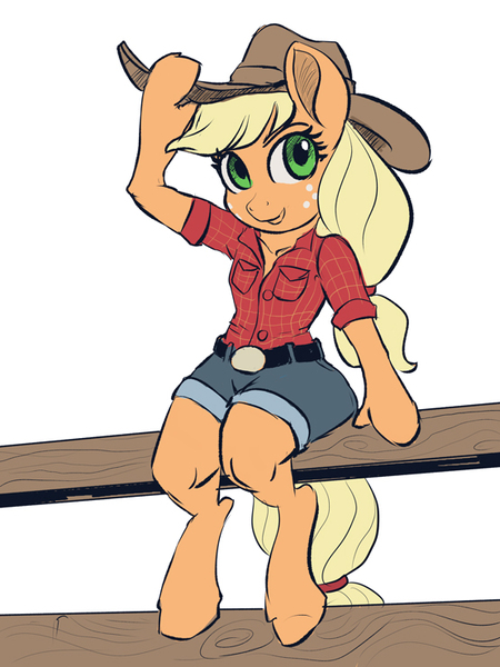 Size: 555x740 | Tagged: safe, artist:raikoh, derpibooru import, applejack, anthro, unguligrade anthro, clothes, fence, shirt, shorts, sitting, solo