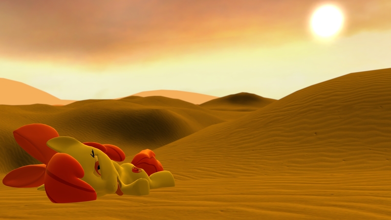 Size: 1920x1080 | Tagged: 3d, about to faint, apple bloom, artist:cryotimberwolf, derpibooru import, desert, foal, heat, lying, passing out, safe, source filmmaker, stroke, sun, thirsty, tired, young