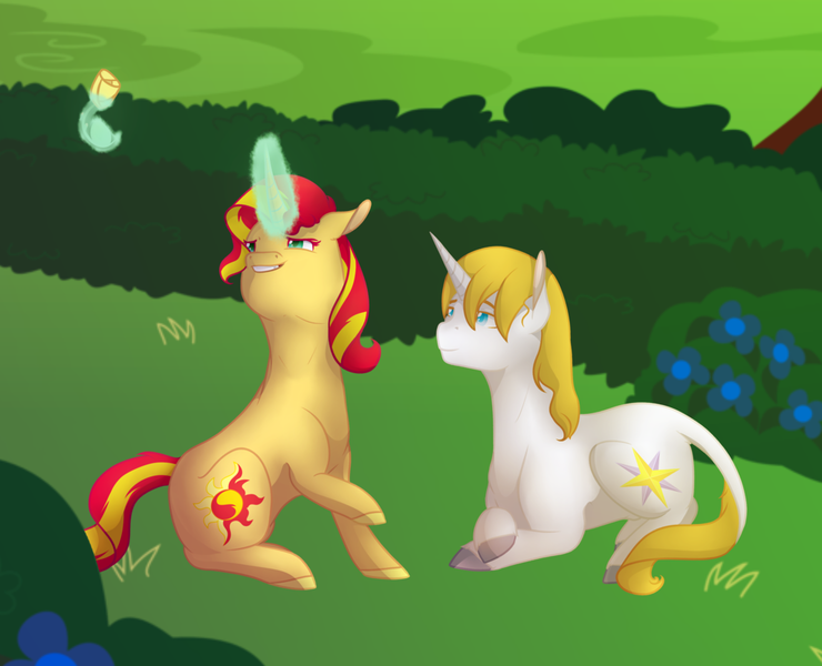 Size: 1024x830 | Tagged: safe, artist:coulorstrike, derpibooru import, prince blueblood, sunset shimmer, pony, backwards cutie mark, crack shipping, female, flower, garden, glowing horn, magic, male, prince blueblood gets all the mares, shipping, straight, sunblood, telekinesis, younger