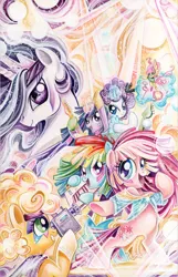 Size: 1234x1920 | Tagged: safe, artist:sararichard, derpibooru import, applejack, fluttershy, pinkie pie, princess celestia, rainbow dash, rarity, twilight sparkle, twilight sparkle (alicorn), alicorn, pony, comic con, cover, drums, exclusive, guitar, jem and the holograms, mane six, musical instrument, san diego comic con, sdcc 2016