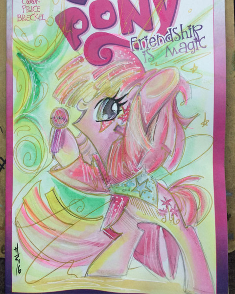 Size: 500x625 | Tagged: safe, artist:sararichard, derpibooru import, pinkie pie, pony, bipedal, jem and the holograms, microphone, solo, traditional art