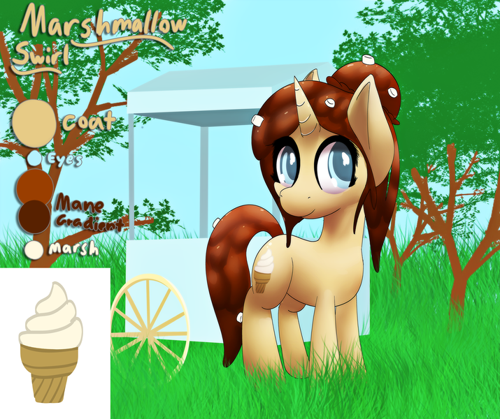 Size: 5576x4677 | Tagged: safe, artist:ampderg, derpibooru import, oc, oc:marshmallow swirl, unofficial characters only, food pony, original species, unicorn, absurd resolution, chocolate, cute, female, food, grass, ice cream, ice cream pony, marshmallow, marshmallows, outdoors, reference sheet, rocky road, solo