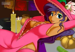 Size: 1280x896 | Tagged: absolute cleavage, armpits, artist:kloudmutt, bedroom eyes, breasts, busty rarity, calavera catrina, candle, cleavage, clothes, dark skin, derpibooru import, dia de los muertos, erect nipples, eyeshadow, female, grin, hat, human, humanized, lip bite, lipstick, looking at you, makeup, moderate dark skin, nipple outline, nipples, on back, pan de muerto, rarity, see-through, side slit, smiling, socks, solo, solo female, stockings, sugar cane, suggestive, thigh highs