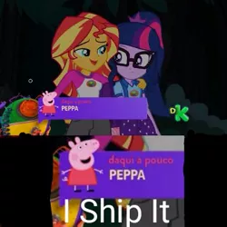 Size: 350x350 | Tagged: safe, derpibooru import, edit, edited screencap, screencap, sci-twi, sunset shimmer, twilight sparkle, equestria girls, legend of everfree, camp everfree outfits, female, i ship it, lesbian, peppa pig, ponytail, scitwishimmer, shipping, sunsetsparkle