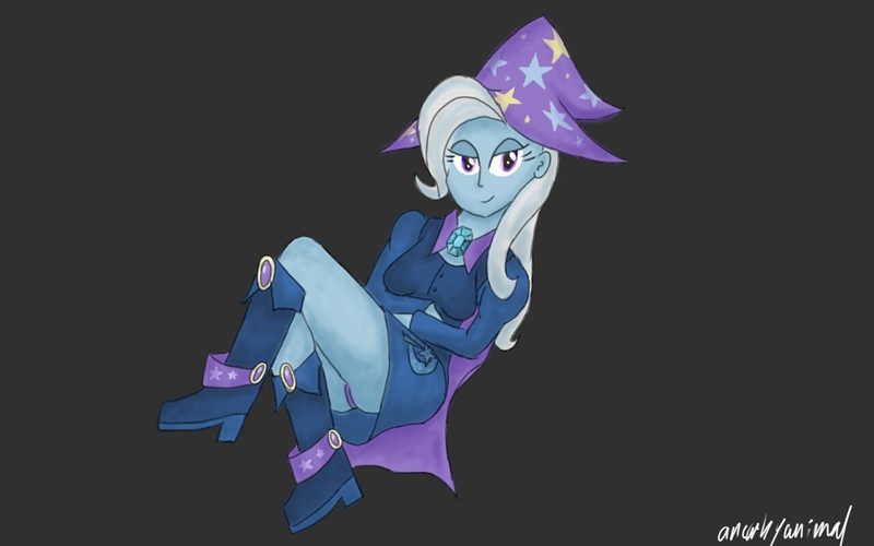 Size: 1280x800 | Tagged: suggestive, artist:anearbyanimal, derpibooru import, trixie, equestria girls, boots, cape, clothes, fall formal outfits, female, hat, high heel boots, high heels, panties, purple underwear, skirt, skirt lift, solo, solo female, trixie's cape, trixie's hat, underwear, upskirt, wizard hat