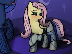 Size: 6000x4500 | Tagged: suggestive, artist:t.f.a.n.c.s., derpibooru import, fluttershy, princess luna, absurd resolution, blushing, clothes, female, fishnets, garter belt, garters, lesbian, lunashy, raised hoof, see-through, shipping, shy, socks, tights, tongue out