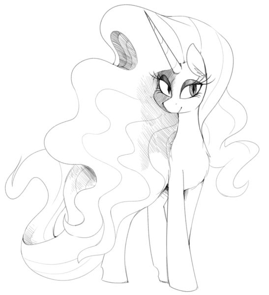 Size: 1222x1340 | Tagged: artist:whydomenhavenipples, derpibooru import, monochrome, nightmare rarity, safe, sketch, smiling, solo