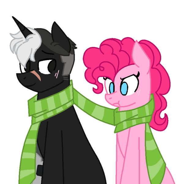 Size: 778x784 | Tagged: amputee, artist:tristannoor10, blushing, clothes, crossover, crossover shipping, derpibooru import, pinkie pie, ponified, prosthetic limb, prosthetics, safe, scar, scarf, shared clothing, shared scarf, shipping, takashi shirogane, voltron, voltron legendary defender