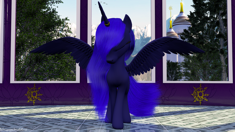 Size: 2560x1440 | Tagged: 3d, artist:thelunagames, blender, cinema4d, derpibooru import, eyes closed, princess luna, safe, sai, solo, source filmmaker, spread wings