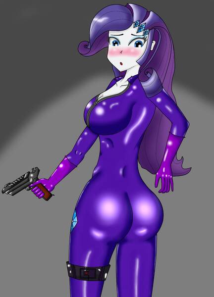 Size: 1100x1528 | Tagged: suggestive, artist:car64, derpibooru import, rarity, equestria girls, ass, blushing, boobs and butt pose, breasts, busty rarity, catsuit, female, gun, handgun, latex, latex suit, pistol, rearity, skintight clothes, solo, solo female, spy, weapon