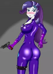 Size: 1100x1528 | Tagged: suggestive, artist:car64, derpibooru import, rarity, equestria girls, ass, blushing, boobs and butt pose, breasts, busty rarity, catsuit, female, gun, handgun, latex, latex suit, pistol, rearity, skintight clothes, solo, solo female, spy, weapon