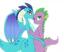 Size: 1020x822 | Tagged: artist:carnifex, barb, derpibooru import, dragon, embarb, emberspike, female, half r63 shipping, lesbian, princess ember, rule 63, shipping, simple background, spike, suggestive, white background