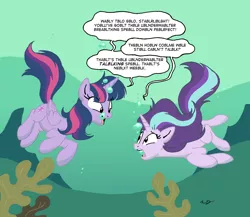 Size: 1967x1707 | Tagged: safe, artist:jbwarner86, derpibooru import, starlight glimmer, twilight sparkle, twilight sparkle (alicorn), alicorn, pony, unicorn, every little thing she does, dialogue, duo, duo female, female, gurgling, mare, speech bubble, underwater