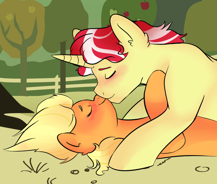 Size: 1192x1013 | Tagged: applejack, artist:howlingatthemoon654, derpibooru import, flim, flimjack, kissing, male, on top, safe, shipping, straight