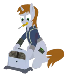 Size: 2100x2275 | Tagged: safe, artist:frostspear, derpibooru import, oc, oc:littlepip, unofficial characters only, pony, unicorn, fallout equestria, fanfic, clothes, cutie mark, fanfic art, female, hooves, horn, mare, mouth hold, pipbuck, screwdriver, simple background, solo, toaster, toaster repair pony, transparent background, vault suit