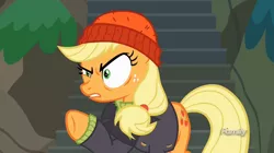 Size: 1566x878 | Tagged: safe, derpibooru import, screencap, applejack, pony, ppov, beanie, captain jackbeard, discovery family logo, hat, solo