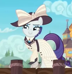 Size: 1205x1229 | Tagged: safe, derpibooru import, screencap, rarity, pony, unicorn, ppov, clothes, cropped, dress, ear piercing, earring, female, giant hat, hat, jewelry, mare, piercing, raristocrat, rose dewitt bukater, solo, titanic