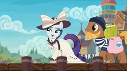 Size: 1269x707 | Tagged: safe, derpibooru import, screencap, rarity, earth pony, pony, unicorn, ppov, clothes, devon cody, discovery family logo, ear piercing, earring, female, giant hat, hat, jewelry, male, piercing, porter, raristocrat, rose dewitt bukater, sailor, seaward shoals, titanic