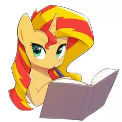 Size: 1100x1100 | Tagged: safe, artist:30clock, derpibooru import, sunset shimmer, pony, unicorn, book, bust, cute, female, holding, mare, pen, shimmerbetes, simple background, solo, thinking, white background