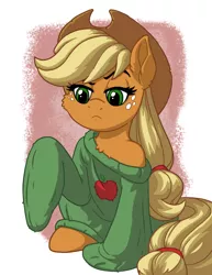 Size: 1275x1650 | Tagged: safe, artist:latecustomer, derpibooru import, applejack, pony, cheek fluff, chest fluff, clothes, cute, ear fluff, jackabetes, oversized clothes, raised eyebrow, sitting, solo, sweater, unconvinced applejack