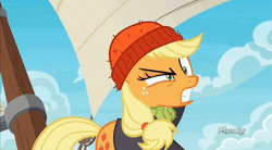 Size: 896x493 | Tagged: safe, derpibooru import, screencap, applejack, pony, ppov, animated, captain jackbeard, clothes, discovery family logo, gif, laughing, nose in the air, silly, silly pony, solo, volumetric mouth, who's a silly pony