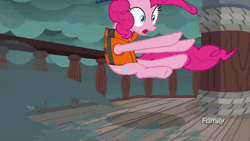Size: 500x281 | Tagged: safe, derpibooru import, screencap, applejack, pinkie pie, earth pony, pony, ppov, :d, animated, captain jackbeard, clothes, cute, discovery family logo, female, gif, happy, hat, jackabetes, jumpscare, lifejacket, mare, open mouth, shrunken pupils, silly, silly pony, sitting, smiling, when she smiles, who's a silly pony