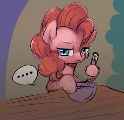 Size: 1620x1576 | Tagged: safe, artist:yajima, derpibooru import, pinkie pie, earth pony, pony, every little thing she does, ..., bad end, baking, bowl, egg beater, female, frown, grumpy, mare, serious, solo, table