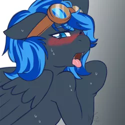Size: 1000x1000 | Tagged: suggestive, artist:curiouskeys, derpibooru import, oc, oc:eternal feather, unofficial characters only, pegasus, pony, blushing, commission, estrus, female, goggles, open mouth, solo, solo female, sweat, tongue out