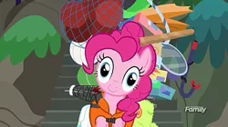 Size: 1267x711 | Tagged: safe, derpibooru import, screencap, pinkie pie, pony, ppov, derp, discovery family logo, solo, thousand yard stare