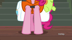 Size: 500x281 | Tagged: safe, derpibooru import, screencap, pinkie pie, pony, ppov, animated, derp, discovery family logo, gif, lifejacket, luggage, pinkie derp, shrunken pupils, solo, stick, thousand yard stare