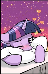 Size: 1249x1920 | Tagged: safe, artist:pencils, derpibooru import, twilight sparkle, pony, unicorn, blushing, cute, female, heart, looking at you, mare, one eye closed, pillow, solo, twiabetes