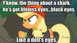 Size: 800x449 | Tagged: applejack, captain jackbeard, derpibooru import, discovery family logo, edit, edited screencap, jaws, meme, movie quote, ppov, safe, screencap, solo