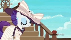 Size: 500x281 | Tagged: safe, derpibooru import, screencap, pinkie pie, rarity, pony, ppov, animated, apple, candy, candy apple (food), clothes, cucumber sandwiches, cupcake, darling, discovery family logo, dress, food, giant hat, gif, hat, lollipop, peanut, raristocrat, rarity looking at food, subtitles, titanic