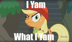 Size: 1610x933 | Tagged: applejack, captain jackbeard, derpibooru import, discovery family logo, edit, edited screencap, image macro, meme, popeye, ppov, safe, screencap, solo